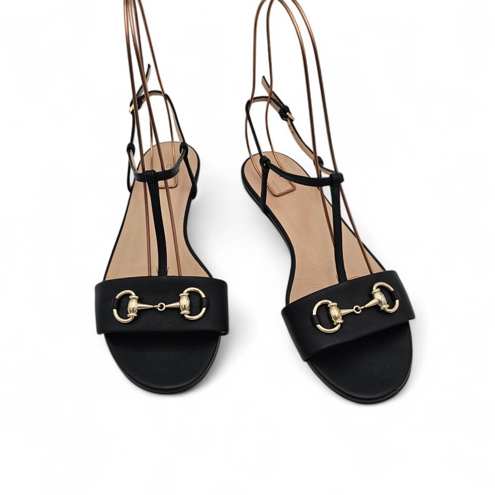 Gucci Horsebit T Strap Flat Sandal Black Leather Silver Size 39.5 US 9.5